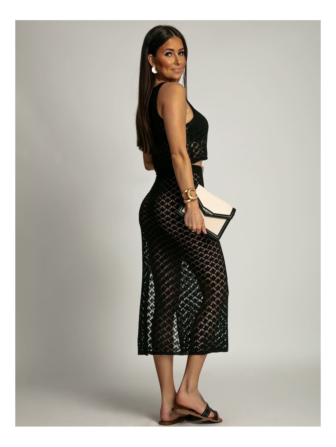 Openwork 2-piece set, blouse and skirt, black SFP118018